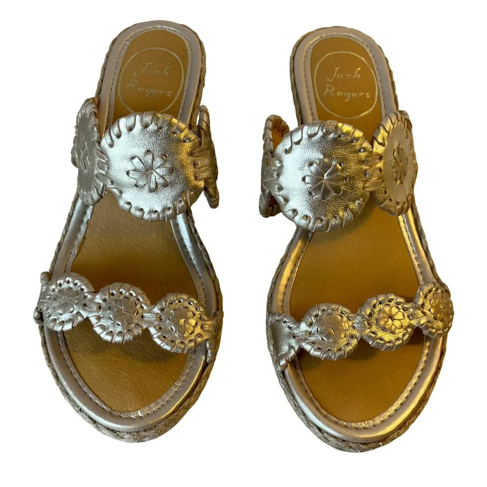 Jack Rogers Silver Metallic Espadrille Wedge Slide Sandals Womens 6 Leather